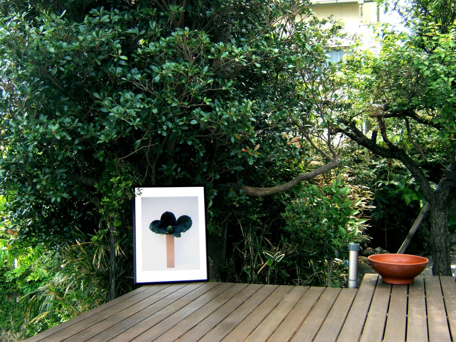 A framed print on the garden deck
