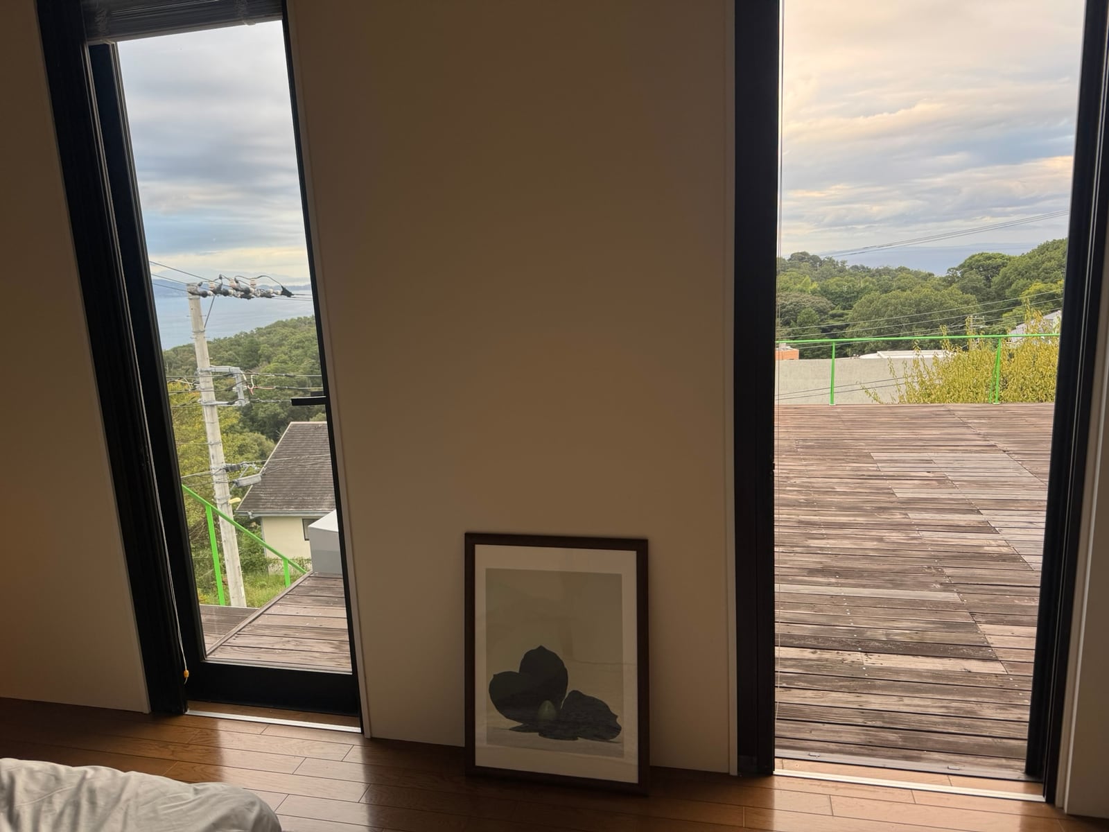 The print, framed, standing in the doorway to the deck
