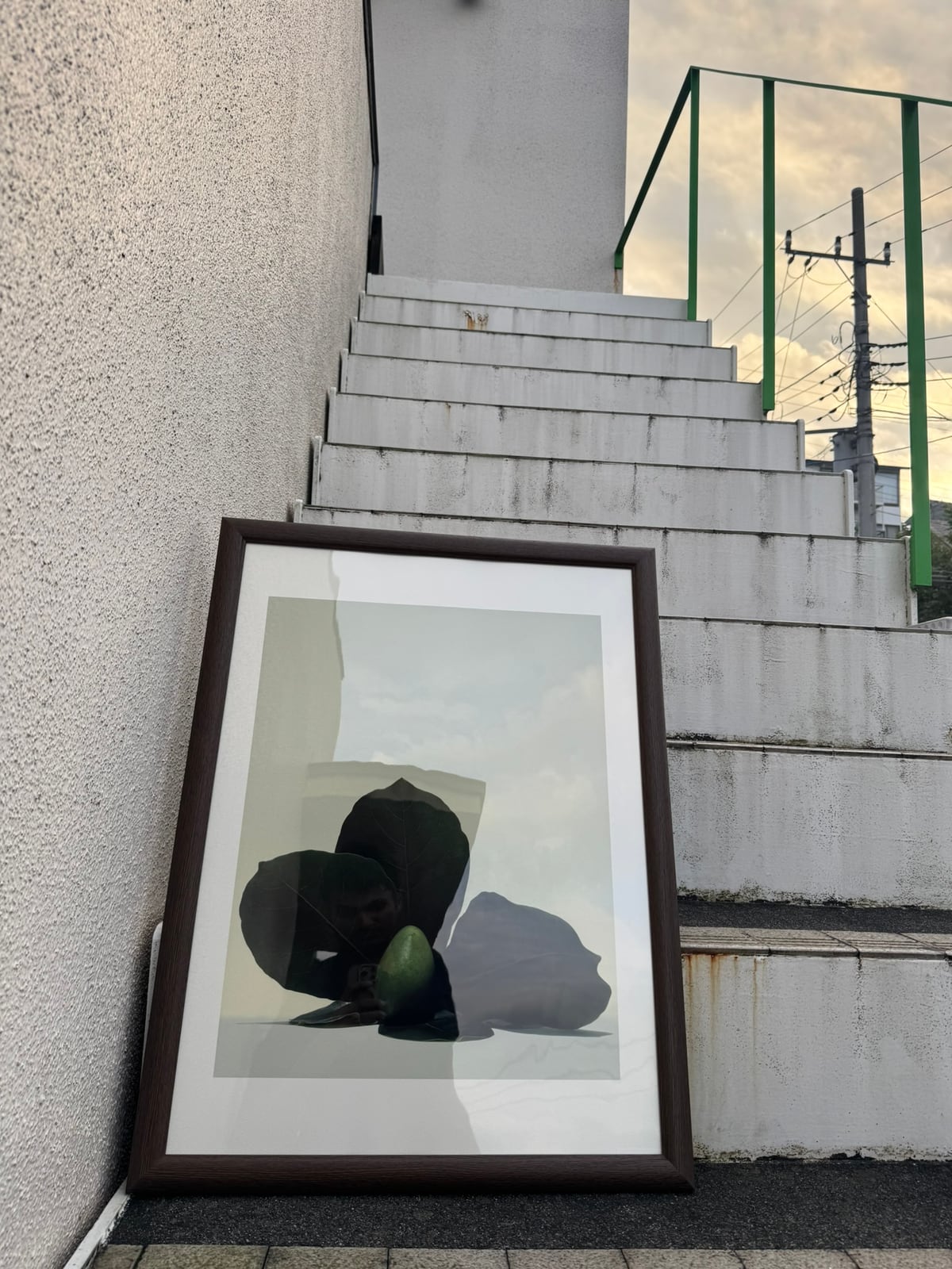 The framed print on the outside stairs