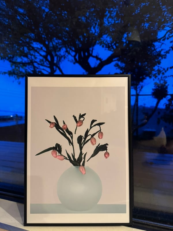 When the Flower Bows, framed, at blue hour